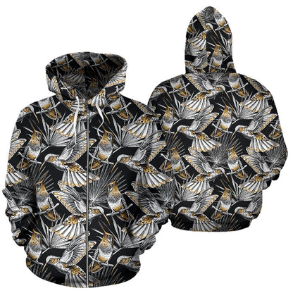 Hummingbird Gold Design Themed Print Zip Up Hoodie