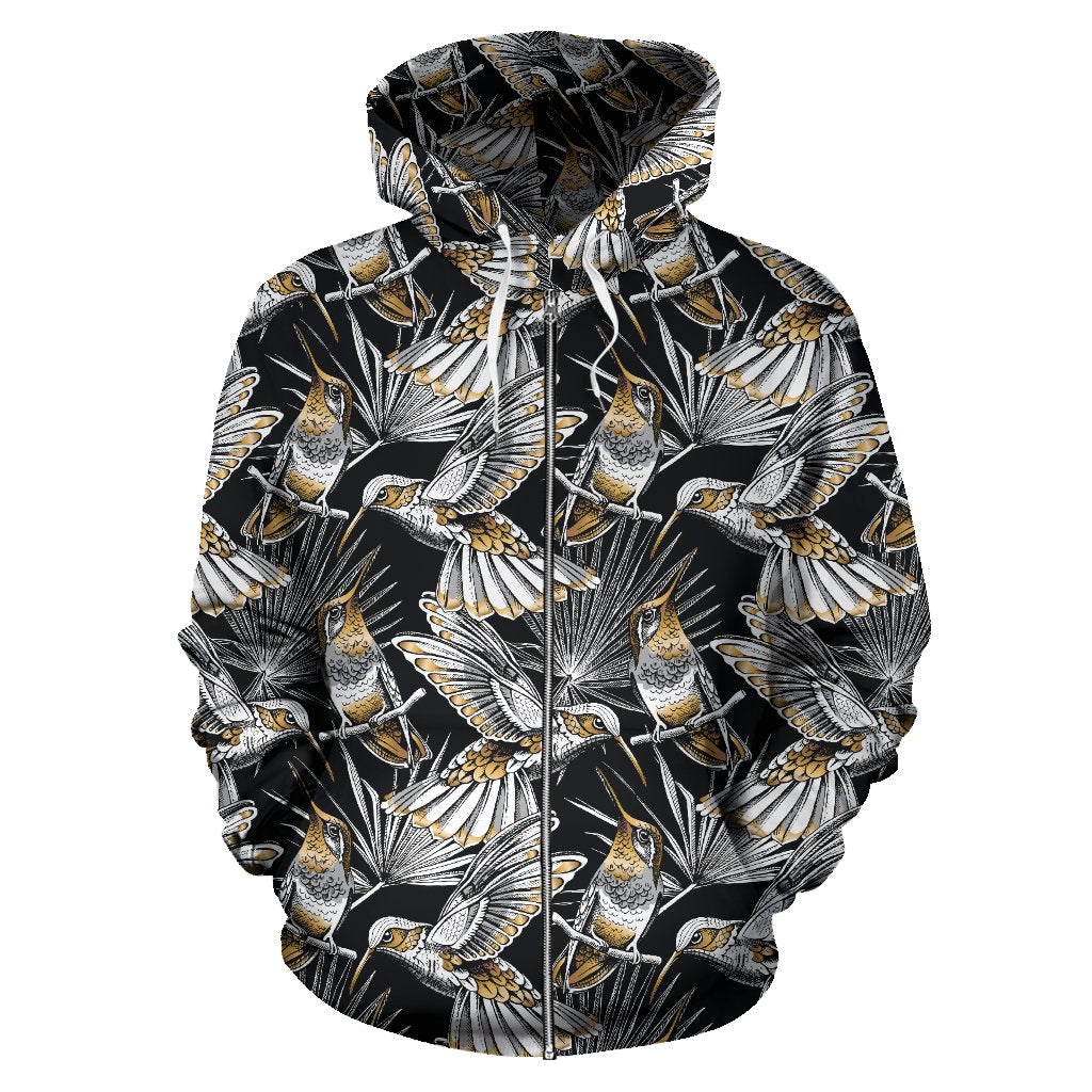 Hummingbird Gold Design Themed Print Zip Up Hoodie