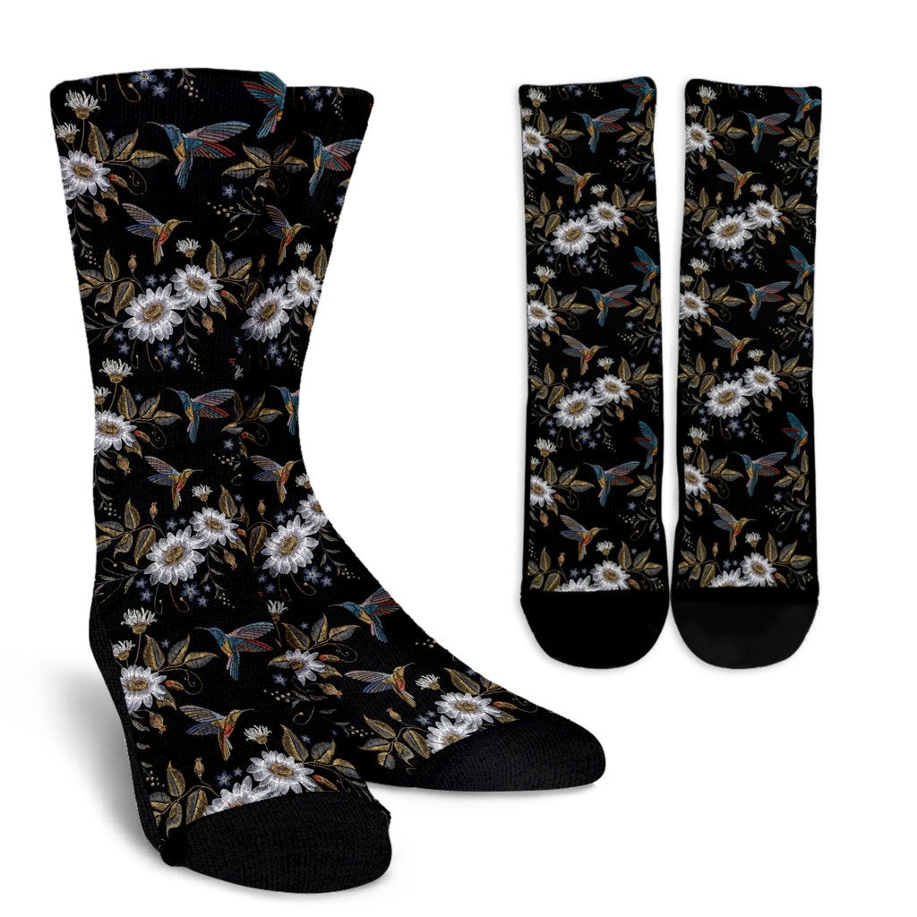 Hummingbird with Embroidery Themed Print Crew Socks