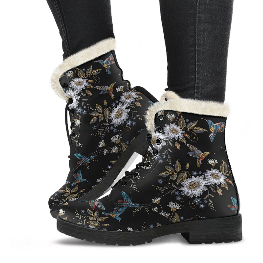 Hummingbird with Embroidery Themed Print Faux Fur Leather Boots-JTAMIGO.COM