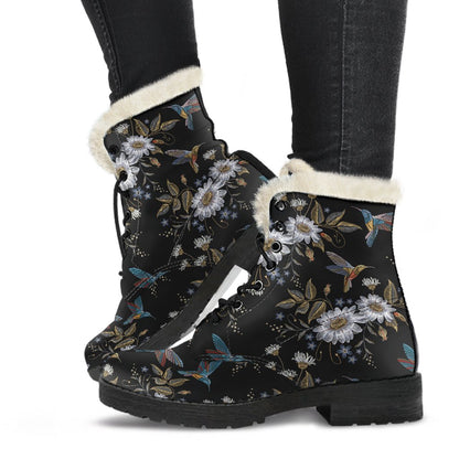 Hummingbird with Embroidery Themed Print Faux Fur Leather Boots-JTAMIGO.COM