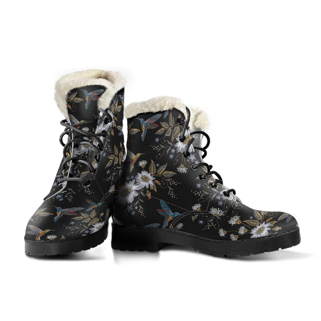 Hummingbird with Embroidery Themed Print Faux Fur Leather Boots-JTAMIGO.COM