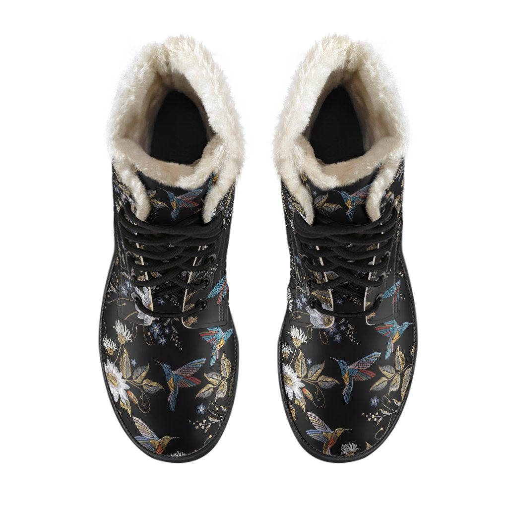 Hummingbird with Embroidery Themed Print Faux Fur Leather Boots-JTAMIGO.COM