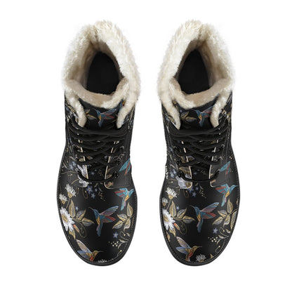 Hummingbird with Embroidery Themed Print Faux Fur Leather Boots-JTAMIGO.COM