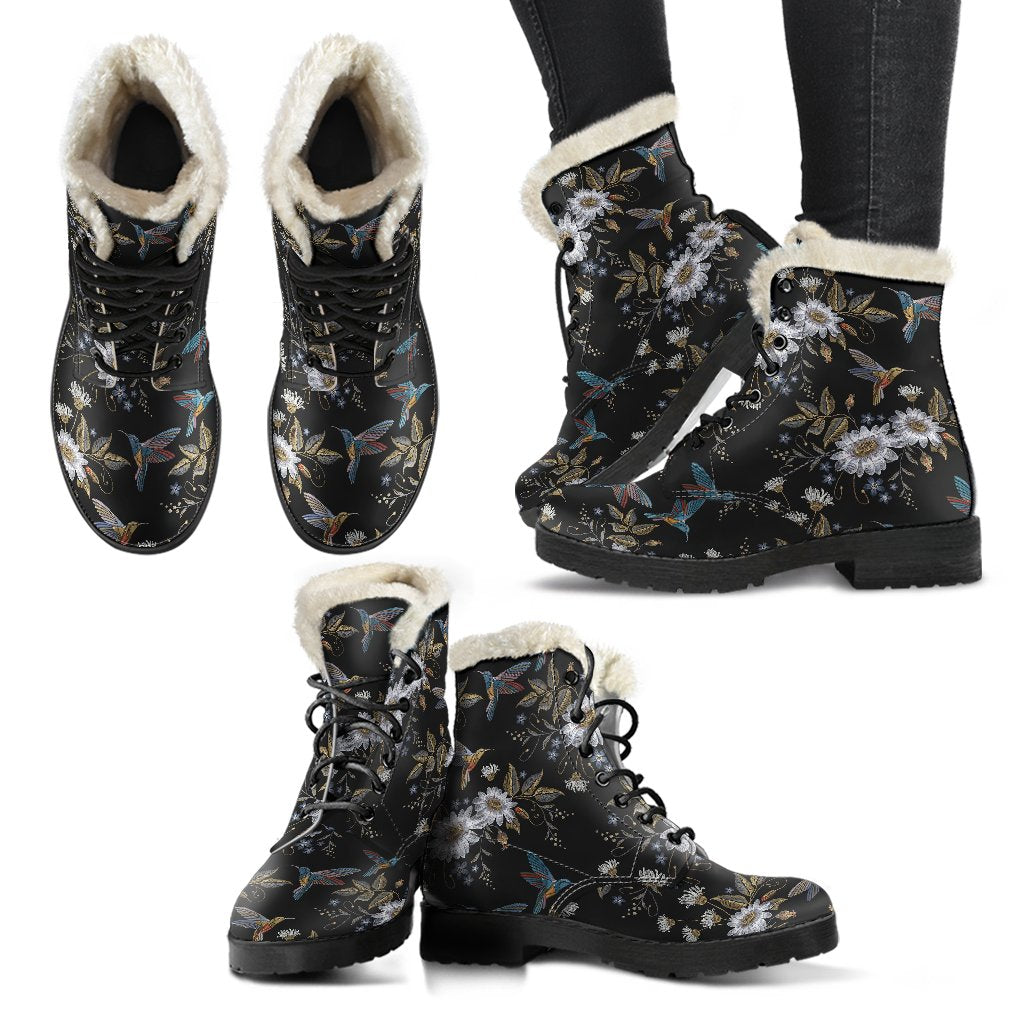 Hummingbird with Embroidery Themed Print Faux Fur Leather Boots-JTAMIGO.COM