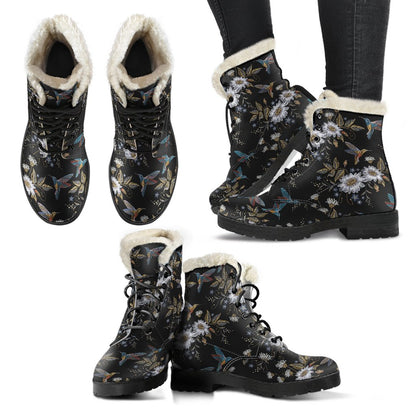 Hummingbird with Embroidery Themed Print Faux Fur Leather Boots-JTAMIGO.COM