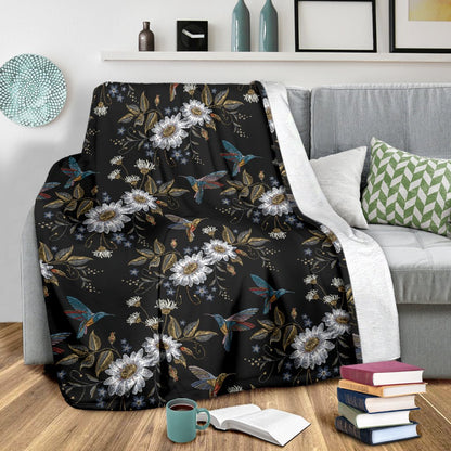Hummingbird With Embroidery Themed Print Fleece Blanket