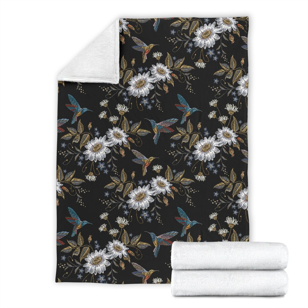Hummingbird With Embroidery Themed Print Fleece Blanket