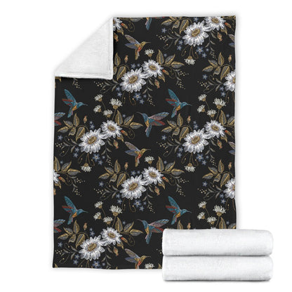 Hummingbird With Embroidery Themed Print Fleece Blanket