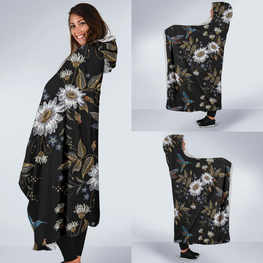 Hummingbird with Embroidery Themed Print Hooded Blanket-JTAMIGO.COM