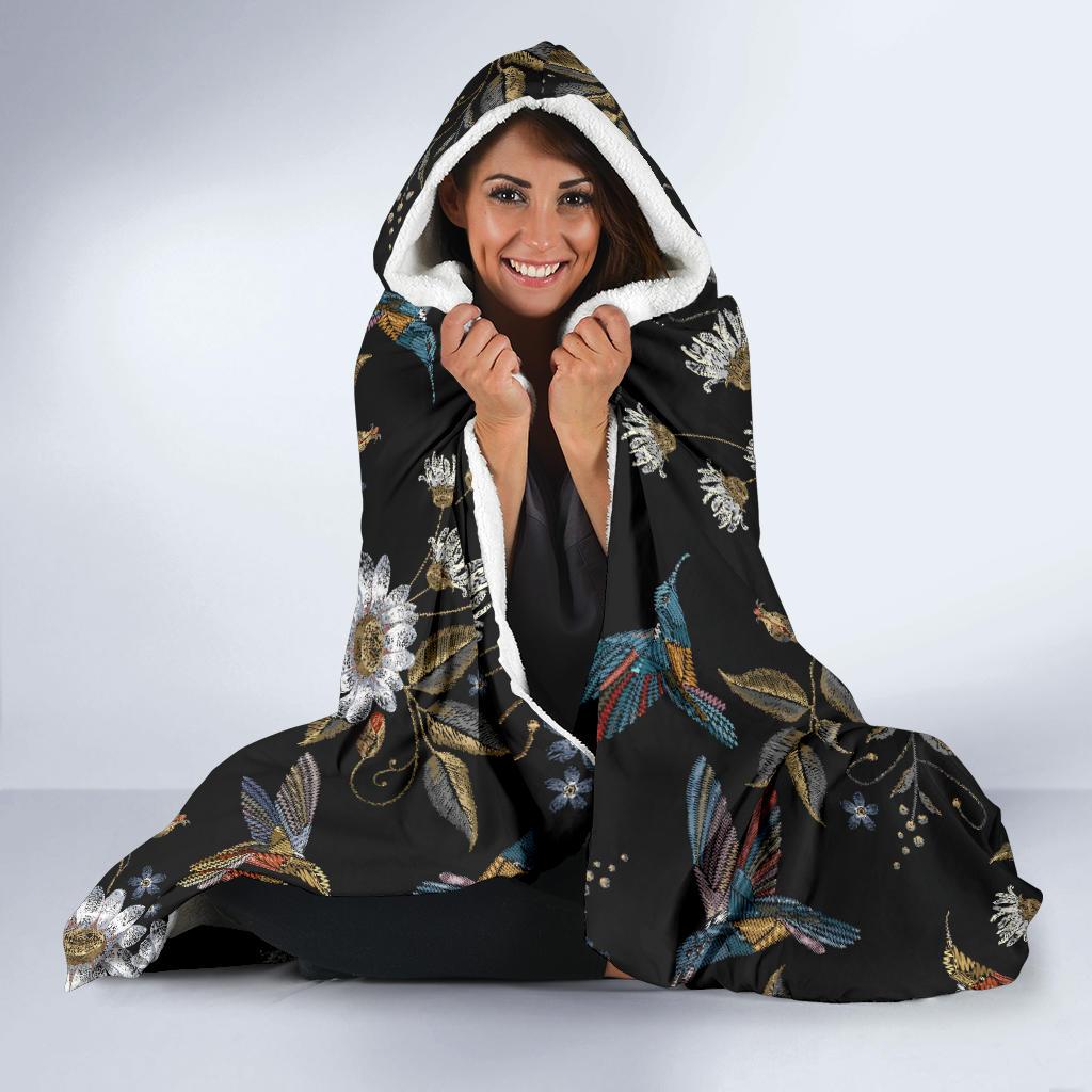 Hummingbird with Embroidery Themed Print Hooded Blanket-JTAMIGO.COM