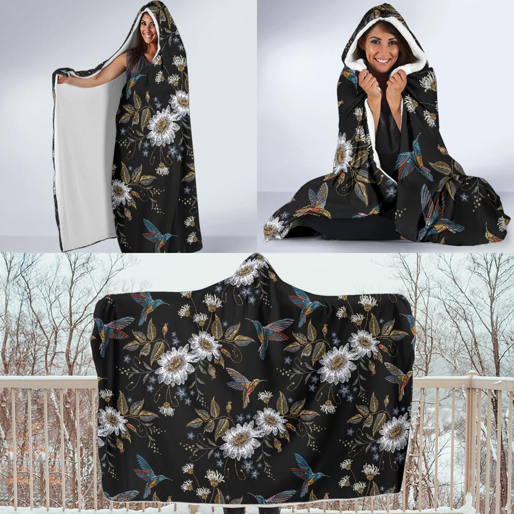 Hummingbird with Embroidery Themed Print Hooded Blanket-JTAMIGO.COM