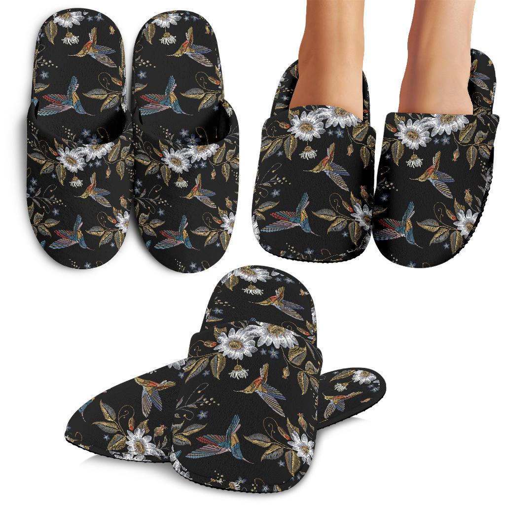 Hummingbird with Embroidery Themed Print House Slippers