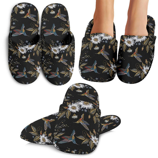 Hummingbird with Embroidery Themed Print House Slippers