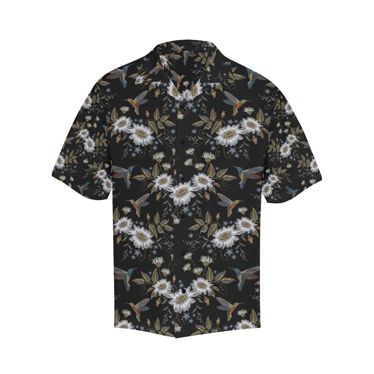 Hummingbird with Embroidery Themed Print Men Aloha Hawaiian Shirt