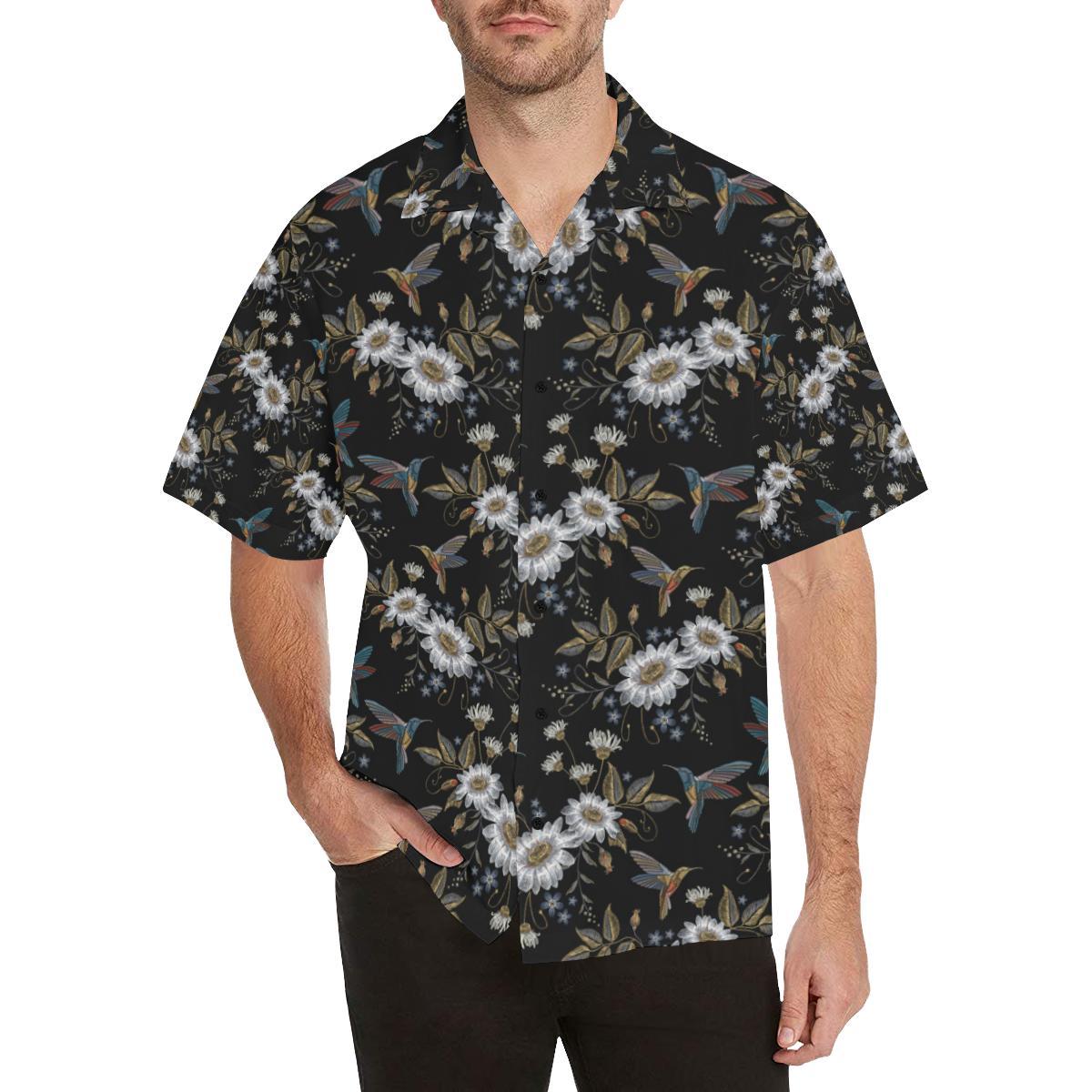 Hummingbird with Embroidery Themed Print Men Aloha Hawaiian Shirt