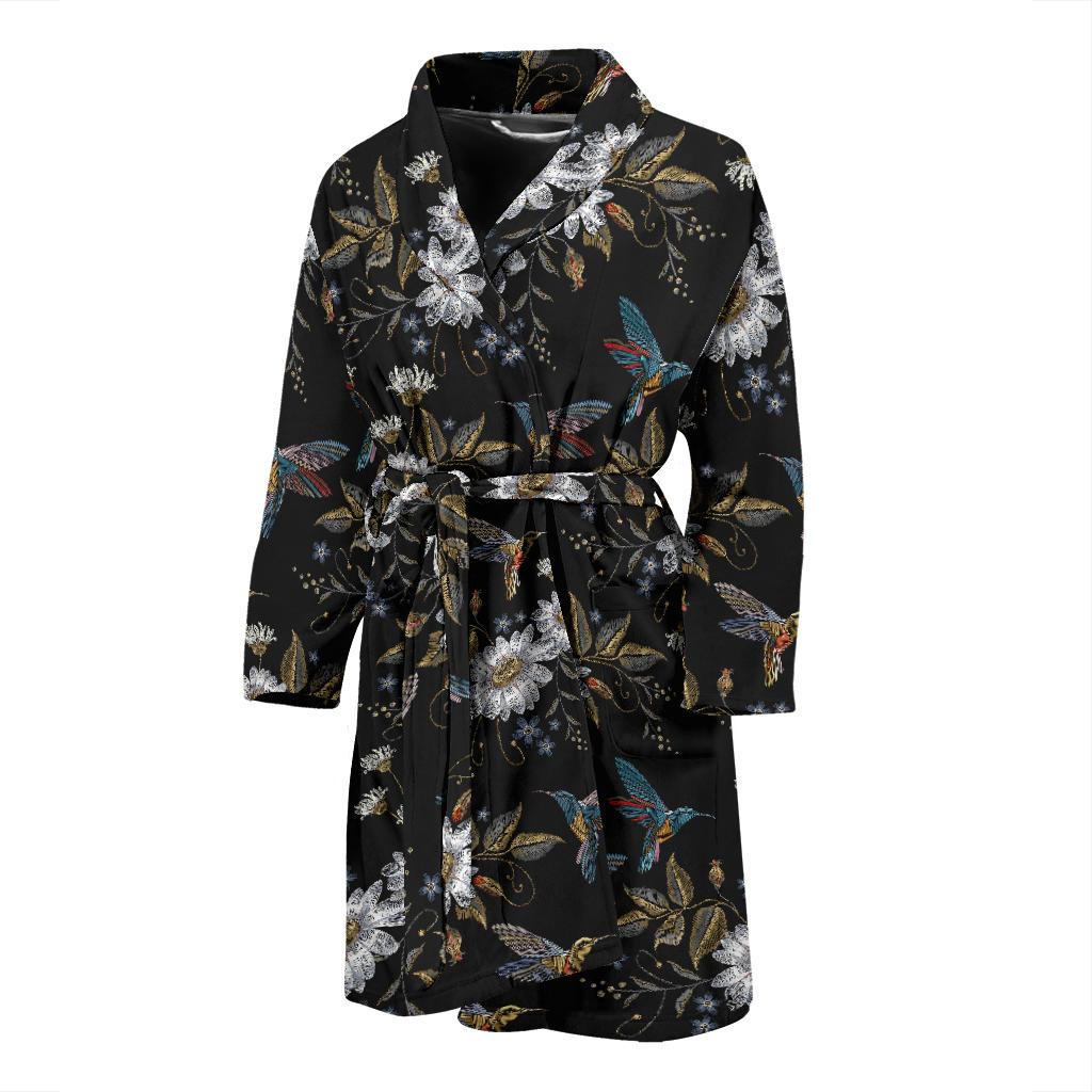 Hummingbird with Embroidery Themed Print Men Bath Robe-JTAMIGO.COM