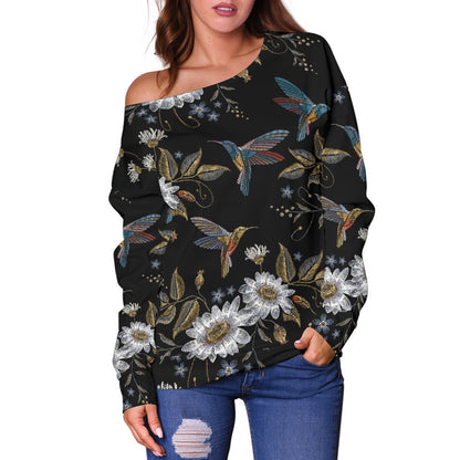 Hummingbird with Embroidery Themed Print Off Shoulder Sweatshirt