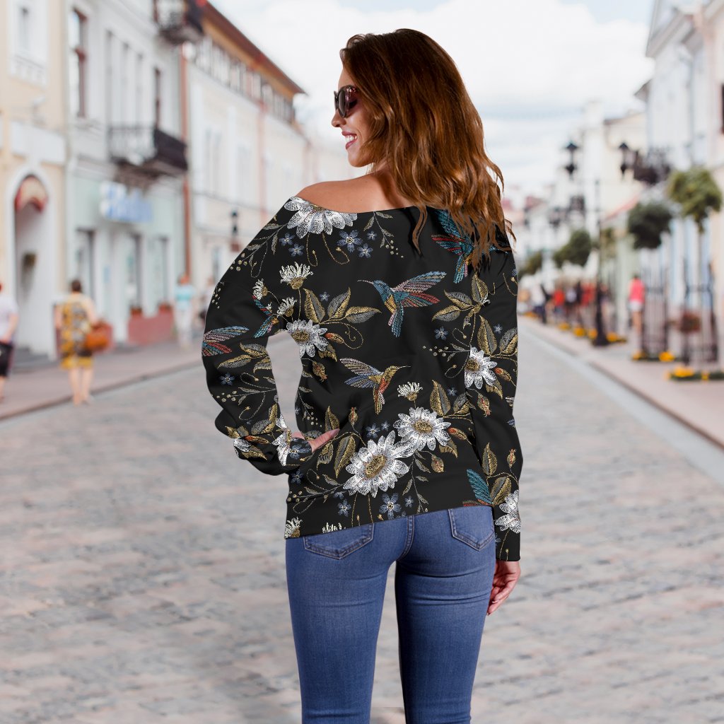 Hummingbird with Embroidery Themed Print Off Shoulder Sweatshirt