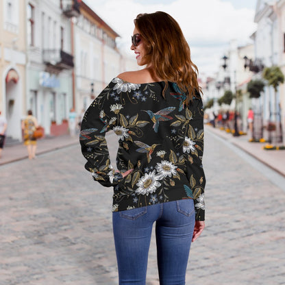 Hummingbird with Embroidery Themed Print Off Shoulder Sweatshirt