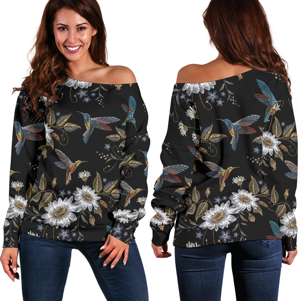Hummingbird with Embroidery Themed Print Off Shoulder Sweatshirt