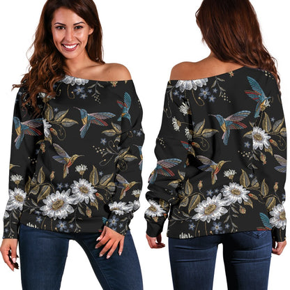 Hummingbird with Embroidery Themed Print Off Shoulder Sweatshirt