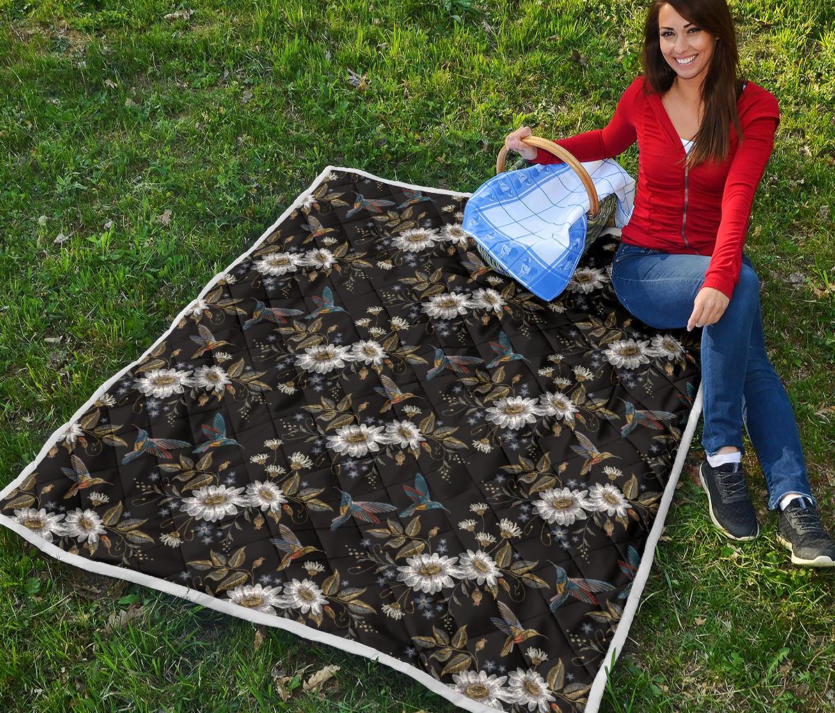 Hummingbird with Embroidery Themed Print Premium Quilt-JTAMIGO.COM