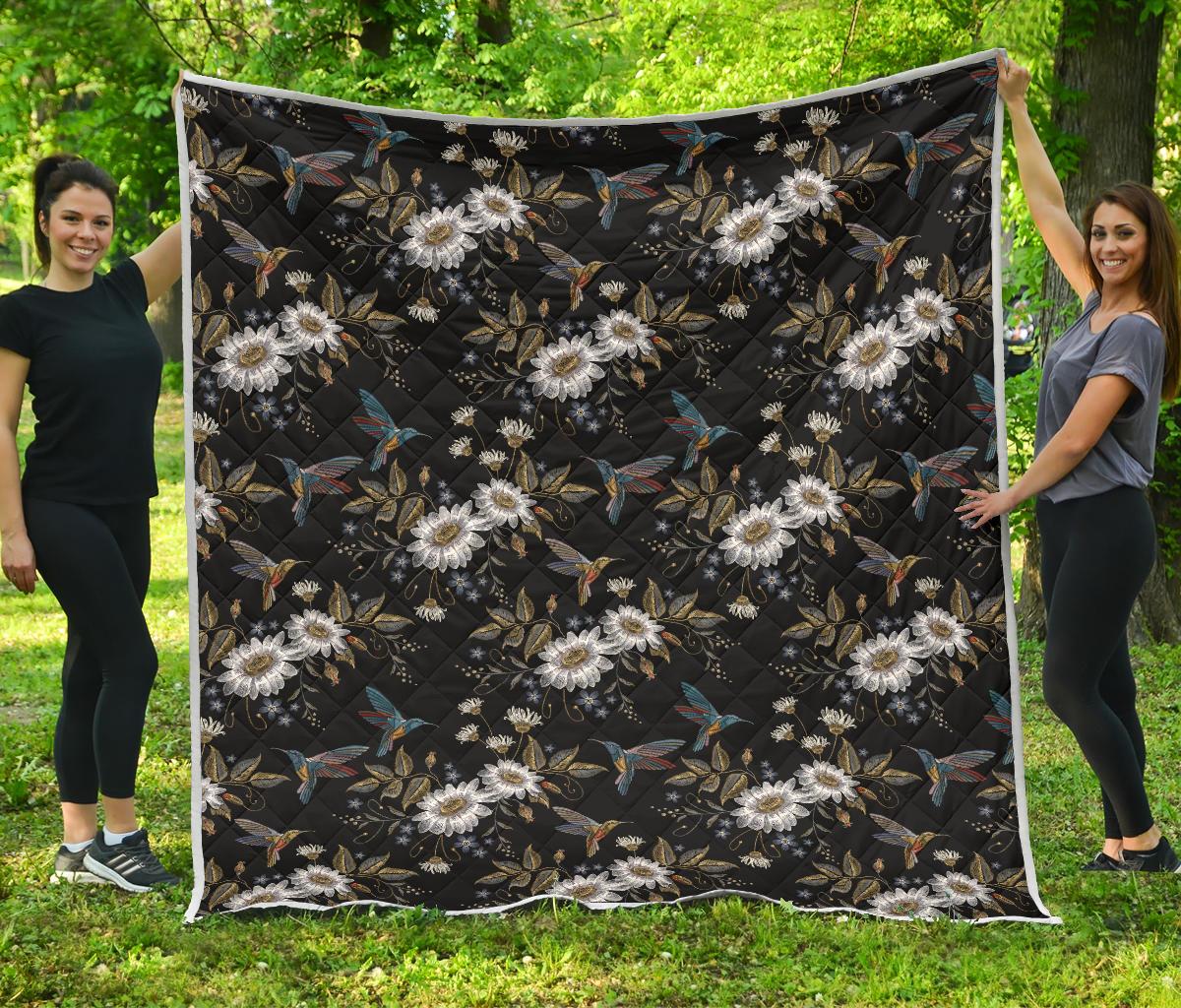 Hummingbird with Embroidery Themed Print Premium Quilt-JTAMIGO.COM