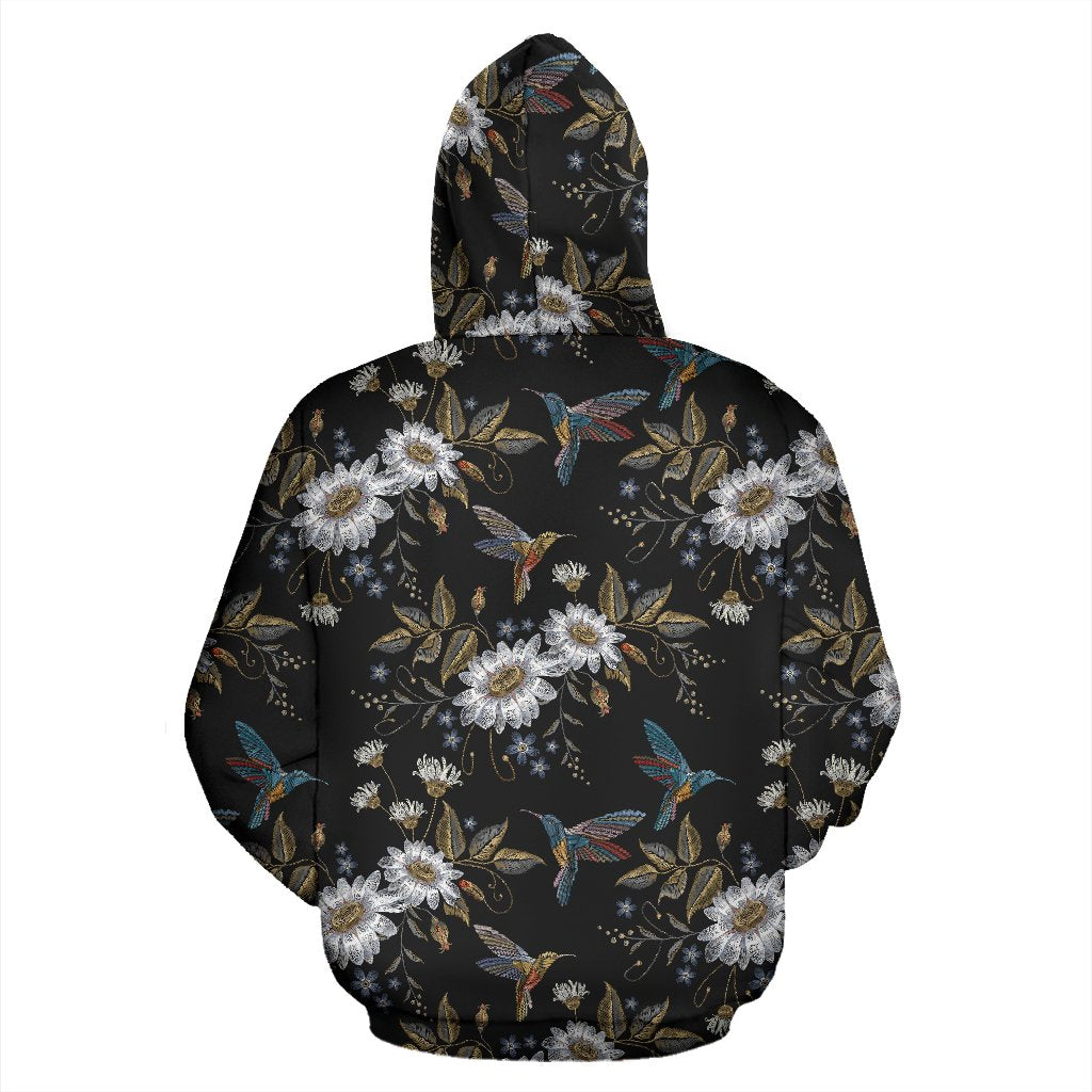 Hummingbird with Embroidery Themed Print Pullover Hoodie