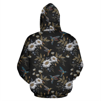 Hummingbird with Embroidery Themed Print Pullover Hoodie