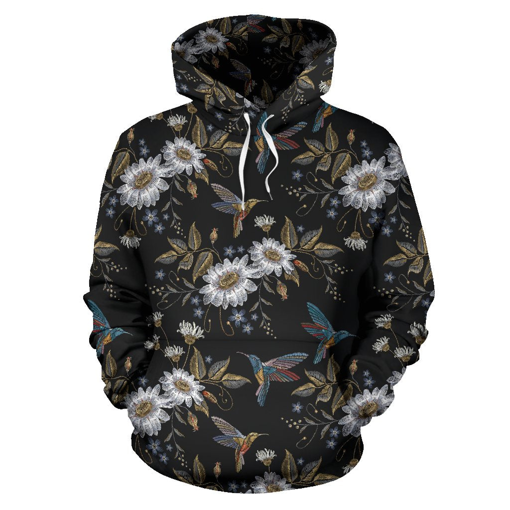 Hummingbird with Embroidery Themed Print Pullover Hoodie