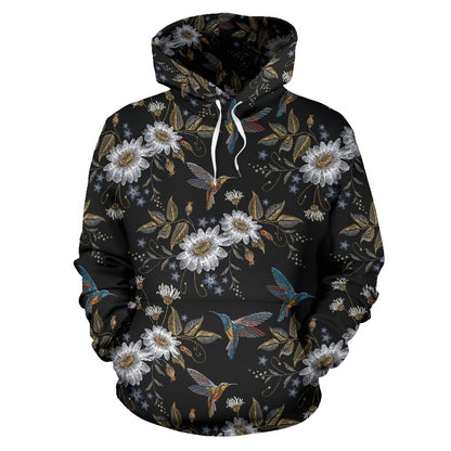 Hummingbird with Embroidery Themed Print Pullover Hoodie