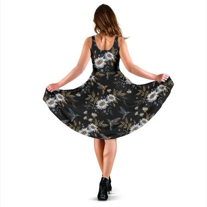 Hummingbird with Embroidery Themed Print Sleeveless Dress