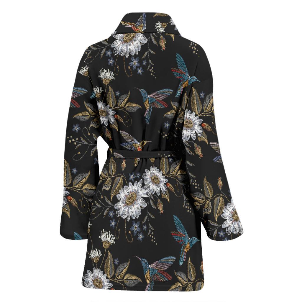 Hummingbird with Embroidery Themed Print Women Bath Robe-JTAMIGO.COM