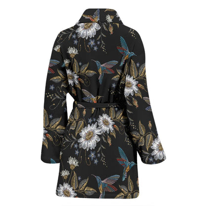 Hummingbird with Embroidery Themed Print Women Bath Robe-JTAMIGO.COM