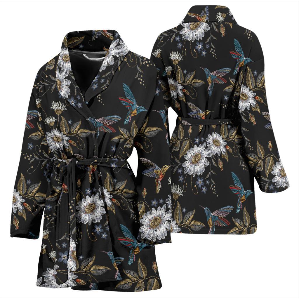 Hummingbird with Embroidery Themed Print Women Bath Robe-JTAMIGO.COM