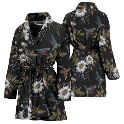 Hummingbird with Embroidery Themed Print Women Bath Robe-JTAMIGO.COM
