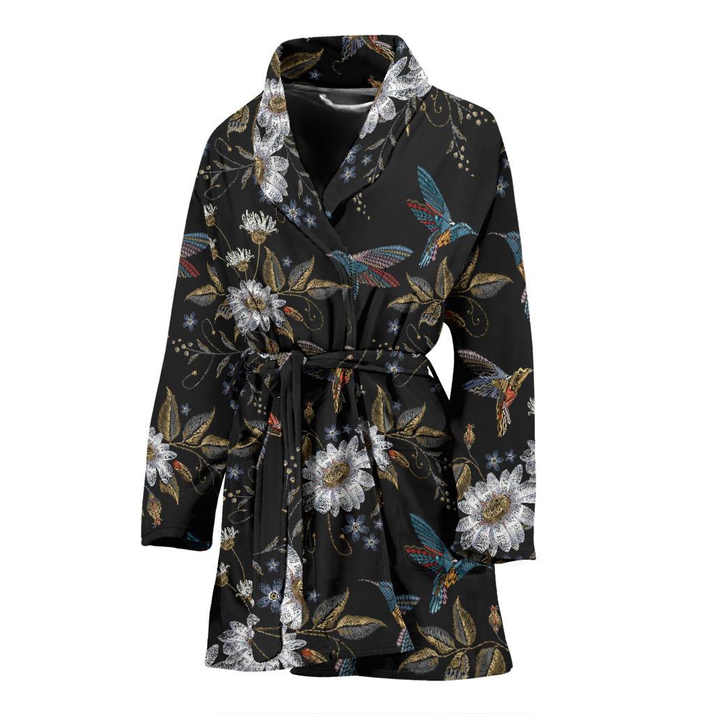 Hummingbird with Embroidery Themed Print Women Bath Robe-JTAMIGO.COM