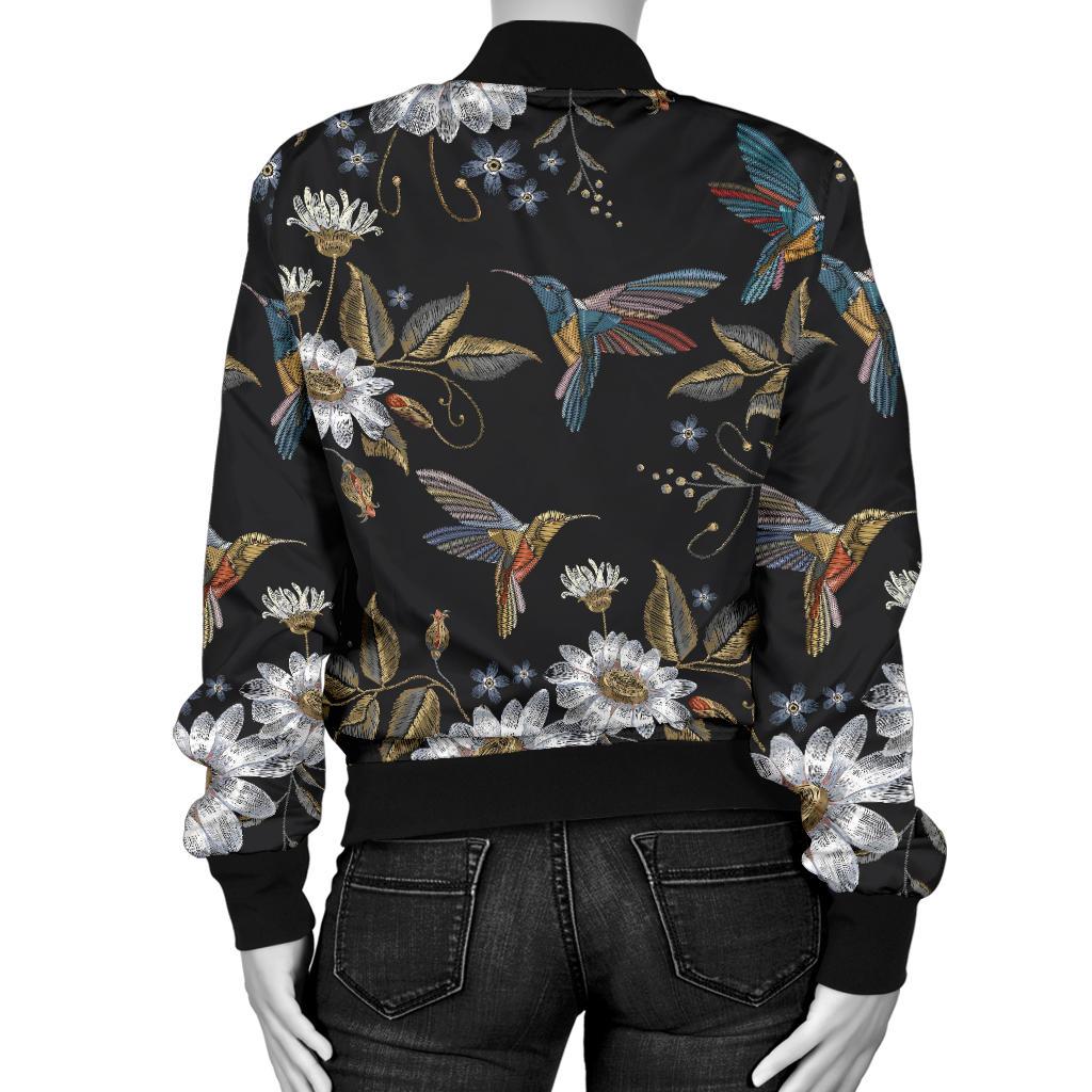 Hummingbird With Embroidery Themed Print Women Casual Bomber Jacket