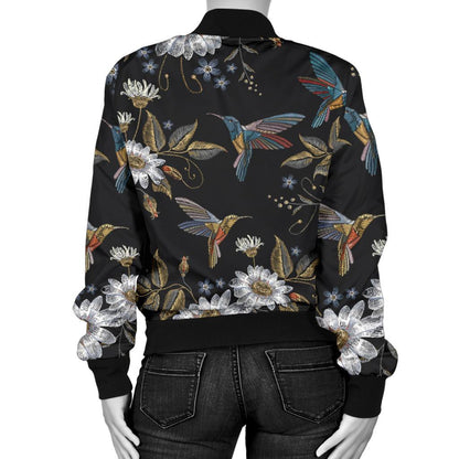 Hummingbird With Embroidery Themed Print Women Casual Bomber Jacket