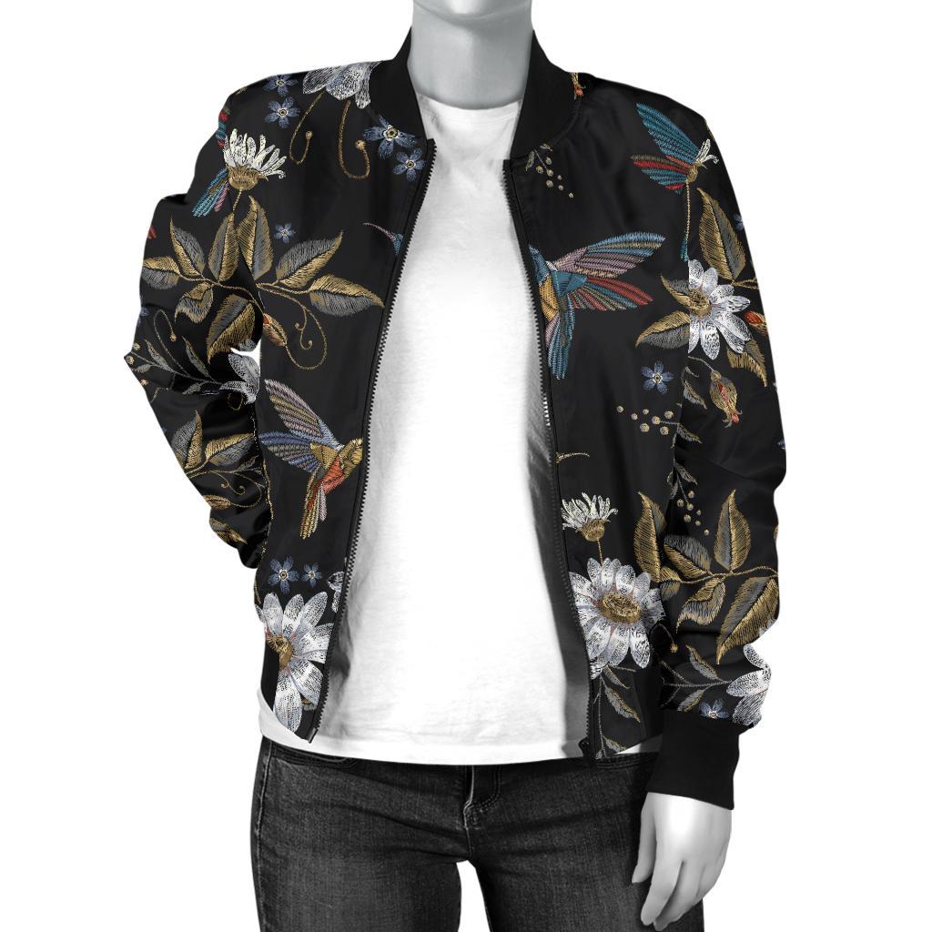 Hummingbird With Embroidery Themed Print Women Casual Bomber Jacket