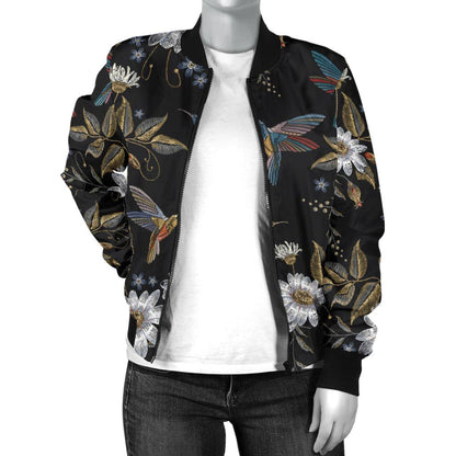 Hummingbird With Embroidery Themed Print Women Casual Bomber Jacket