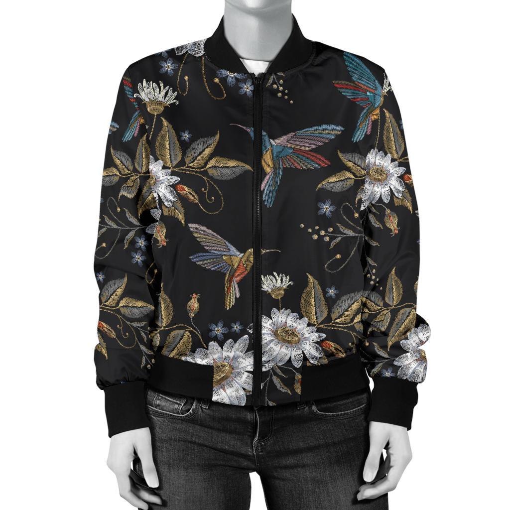 Hummingbird With Embroidery Themed Print Women Casual Bomber Jacket