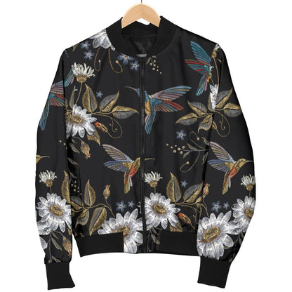 Hummingbird With Embroidery Themed Print Women Casual Bomber Jacket