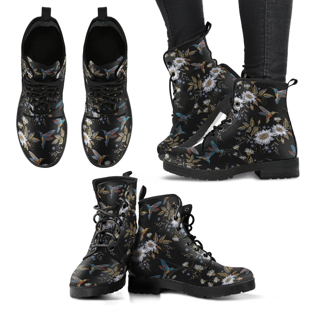 Hummingbird with Embroidery Themed Print Women Leather Boots-JTAMIGO.COM