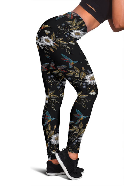 Hummingbird with Embroidery Themed Print Women Leggings