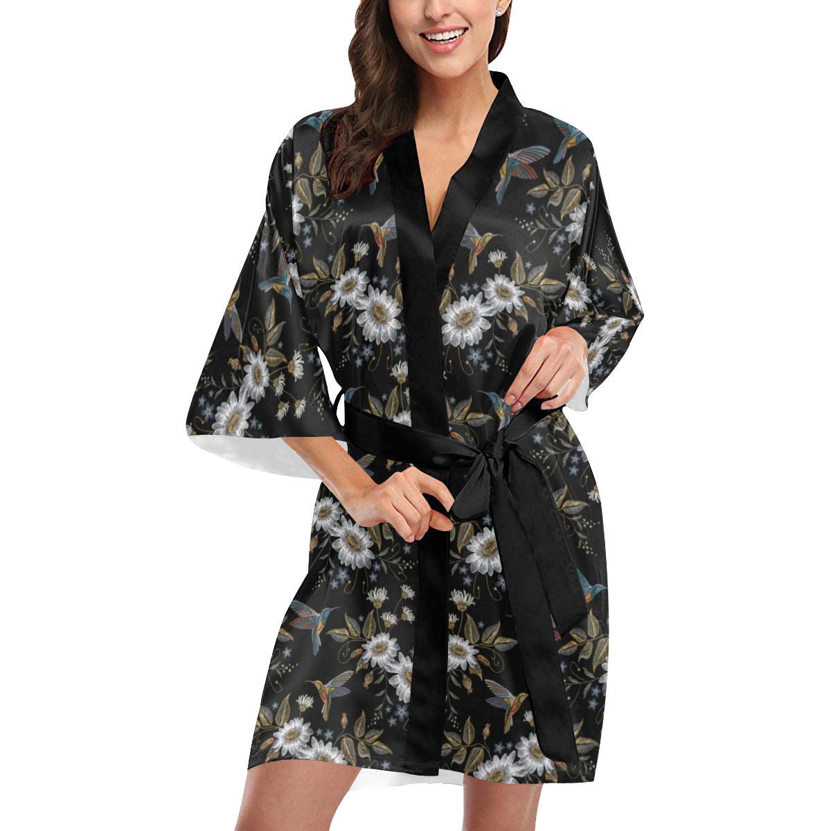 Hummingbird with Embroidery Themed Print Women Short Kimono Robe