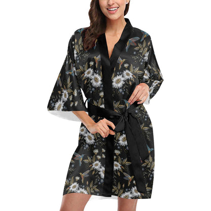 Hummingbird with Embroidery Themed Print Women Short Kimono Robe