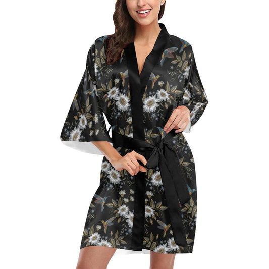 Hummingbird with Embroidery Themed Print Women Short Kimono Robe