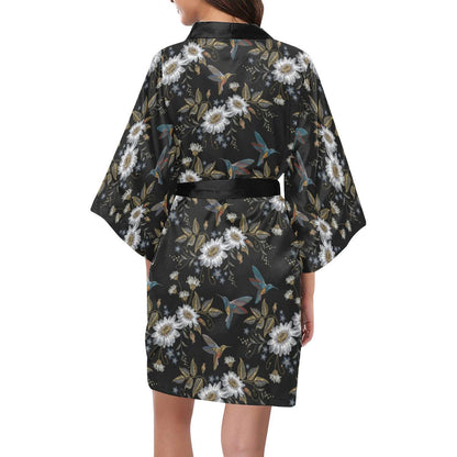 Hummingbird with Embroidery Themed Print Women Short Kimono Robe